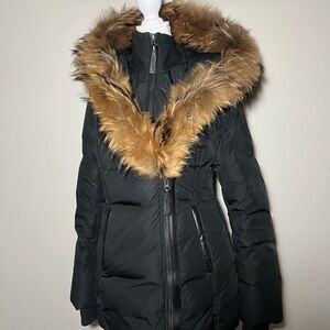 Mackage Black Puffer Jacket with Brown Fur Trim